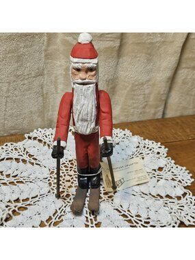 Front Porch Crafts Folk Art Wooden Santa In Red Suit Skiing On Skies Figurine